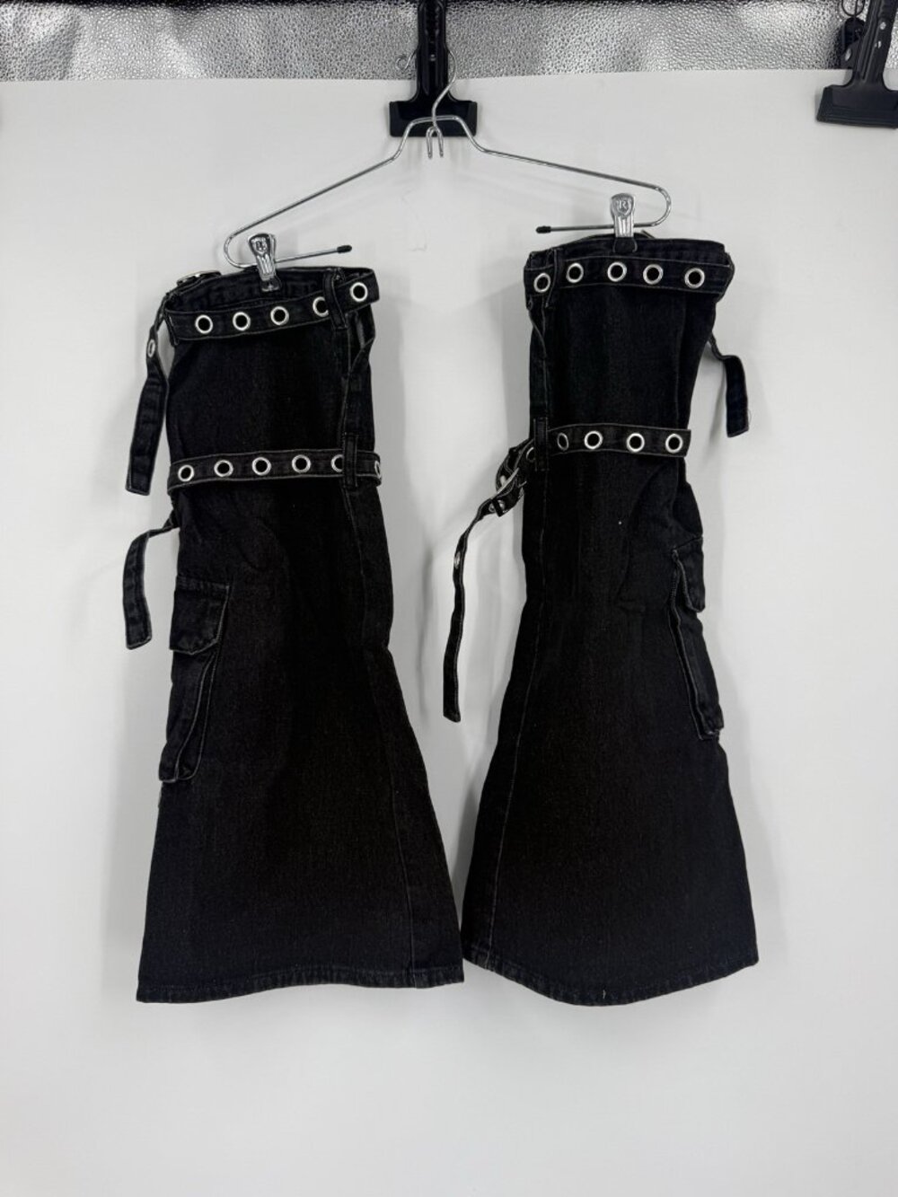 Women’s Dollskill Denim Leg Warmers Buckles & Pockets Black Washout One Size